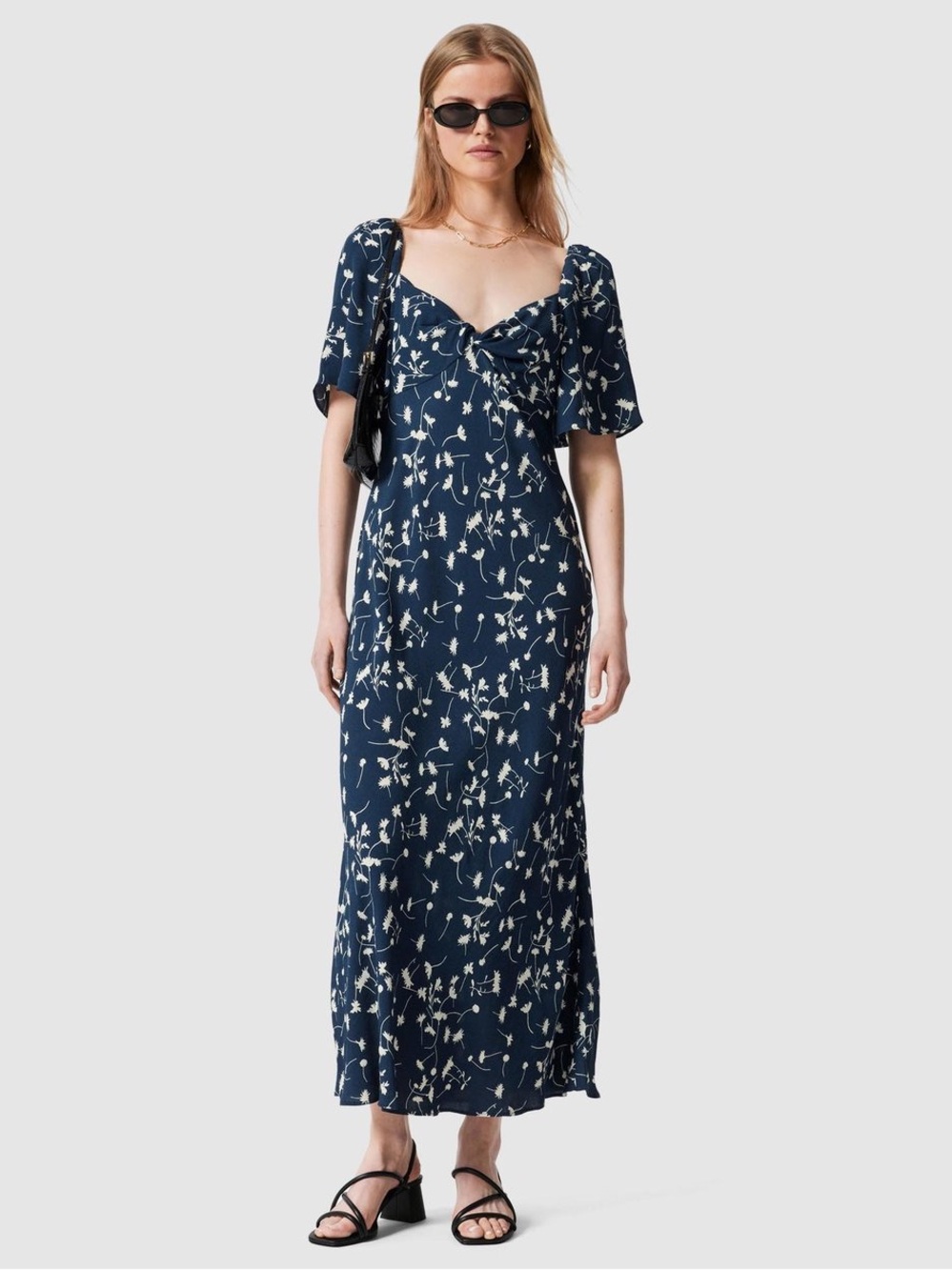 & Other Stories Navy Floral Maxi Dress with flutter sleeves